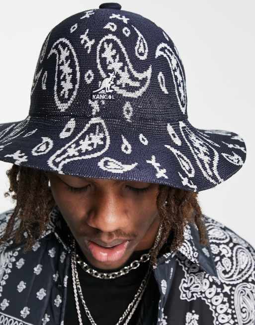 Kangol - Cappello da pescatore casual blu navy con motivo cachemire e falda ampia