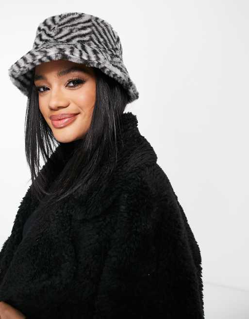Kangol faux fur logo bucket hat in grey herringbone, 2 of 4
