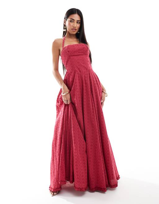 Kanya London boned broderie corset maxi dress in red 