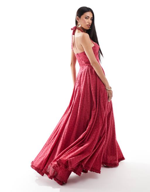 Kanya London boned broderie corset maxi in red , 2 of 4