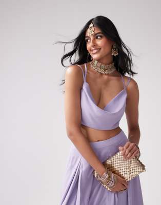 Kanya London Kanya London Bridesmaid chiffon spaghetti strap cowl neck top co-ord in lilac grey-Purple