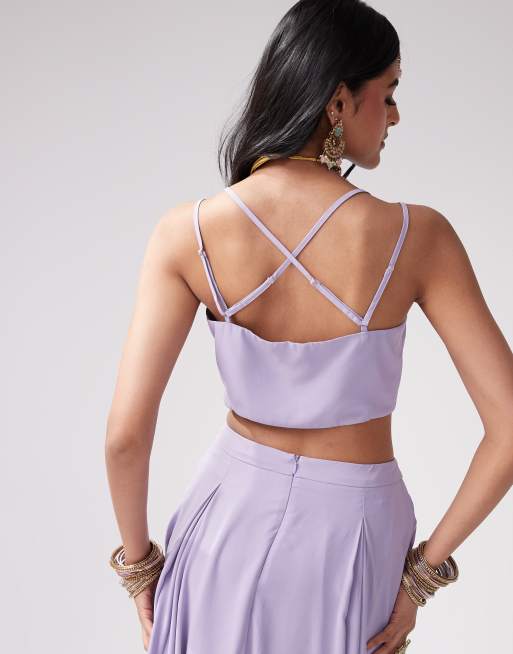 Kanya London Bridesmaid chiffon spaghetti strap cowl neck top co ord in lilac grey