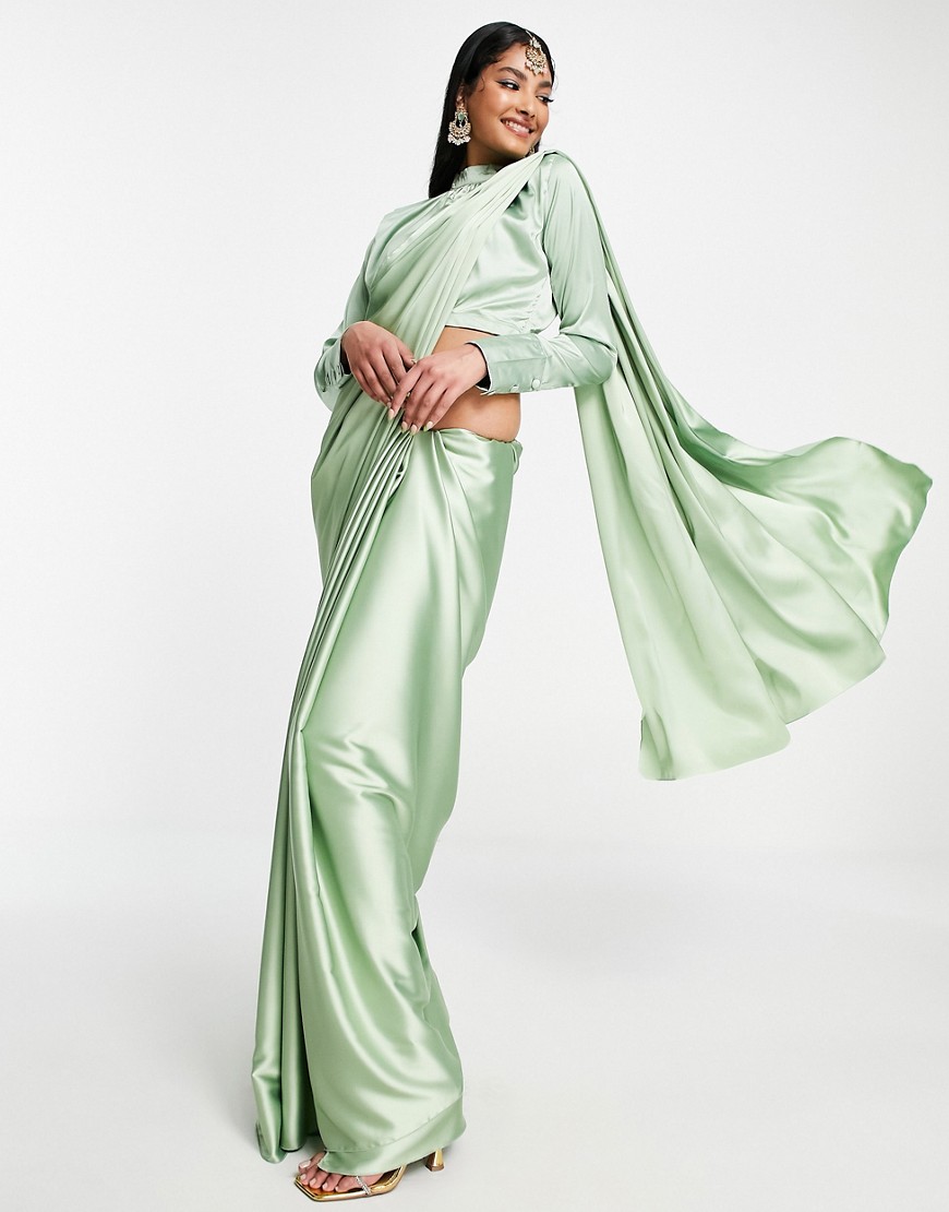 Kanya London Bridesmaid high neck blouse & saree in sage green - part of a set