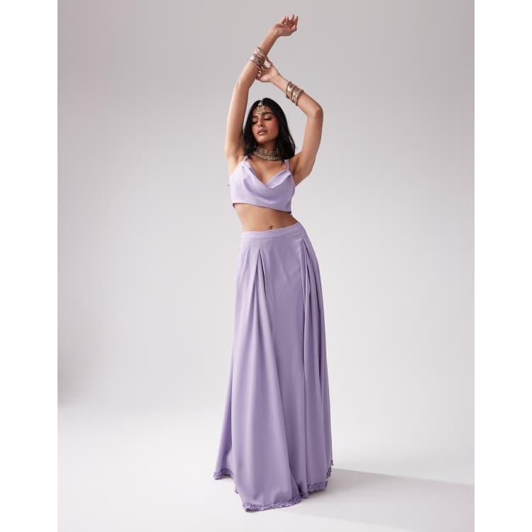 Kanya London Bridesmaid Lehenga chiffon full flare skirt co ord in lilac grey