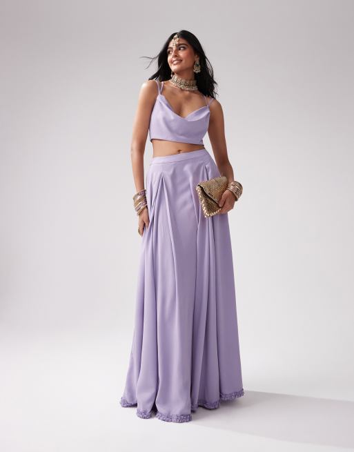 Kanya London Bridesmaid Lehenga chiffon full flare skirt in lilac grey part of a set ASOS