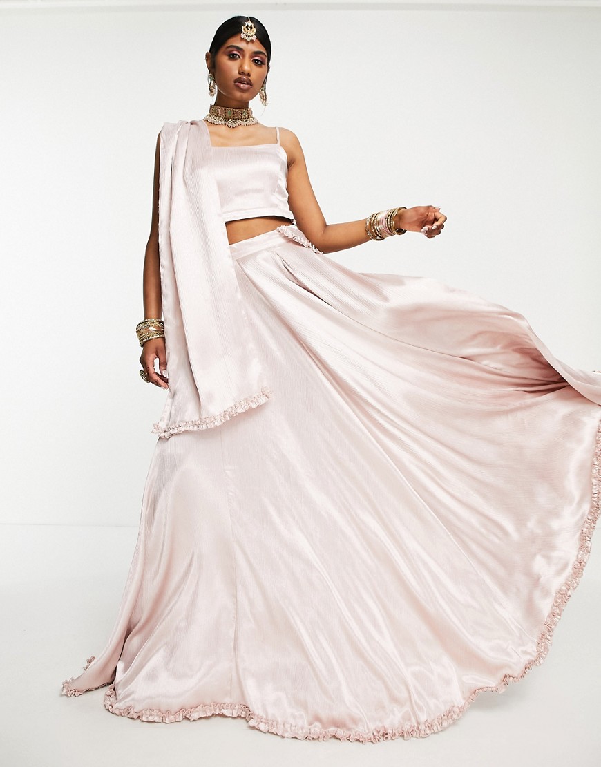 Kanya London Bridesmaid Lehenga full flare frill skirt & dupatta scarf in pink