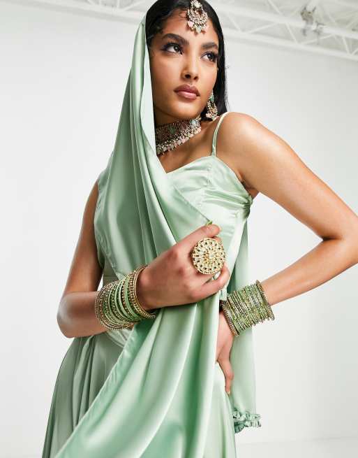 Kanya London Bridesmaid Lehenga full flare frill skirt u0026 dupatta scarf in  sage green | ASOS