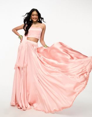 Kanya London Bridesmaid Lehenga full flare frill skirt & scarf in peach - ASOS Price Checker