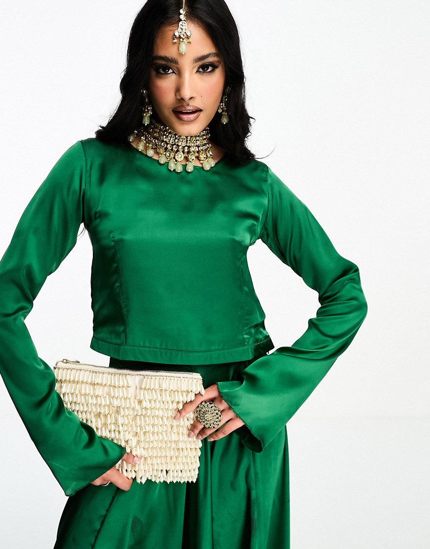 Kanya London Bridesmaid Lehenga long sleeve crop top in emerald-Green