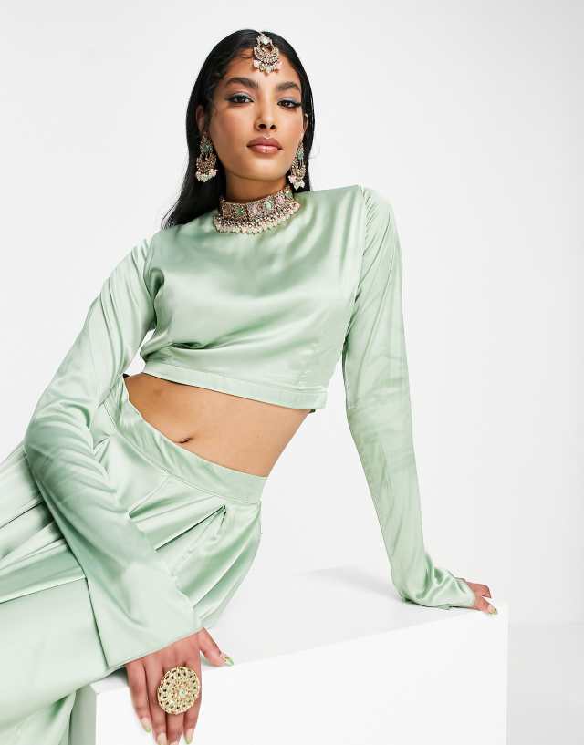 Kanya London Bridesmaid Lehenga long sleeve crop top in sage green