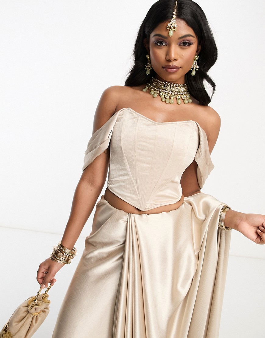 Kanya London Bridesmaid off shoulder structured corset top co-ord in champagne-White