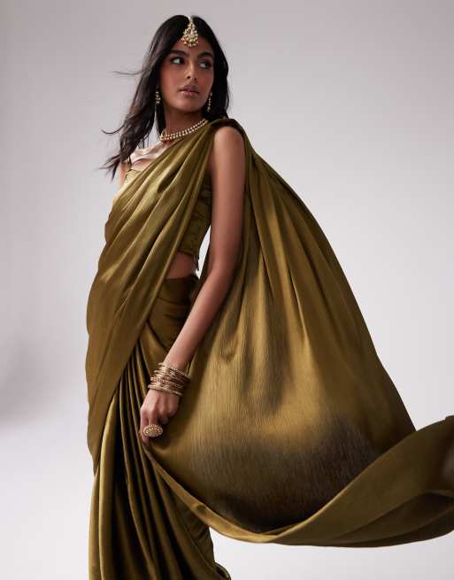 Kanya London - Bruidsmeisjes - Sari in olijfgroen, deel van co-ord set