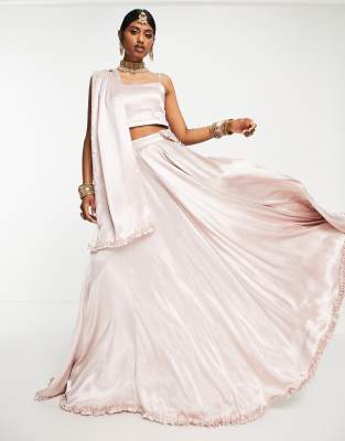 Kanya London - Bruidsmeisjes - Wijde uitlopende lehenga-rok met ruches en dupatta-sjaal in roze