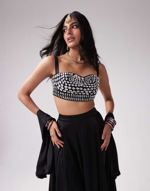 Kanya London - Crop top met bandjes en siersteentjes in zwart, deel van co-ord set