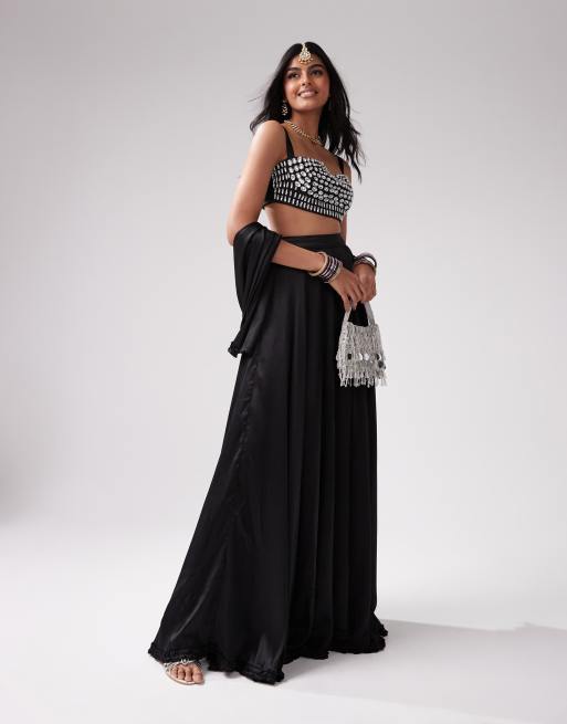 Kanya London Crop top nero con spalline sottili e decorazioni