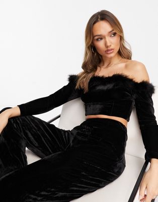 Kanya London faux feather trim crop top co ord in black