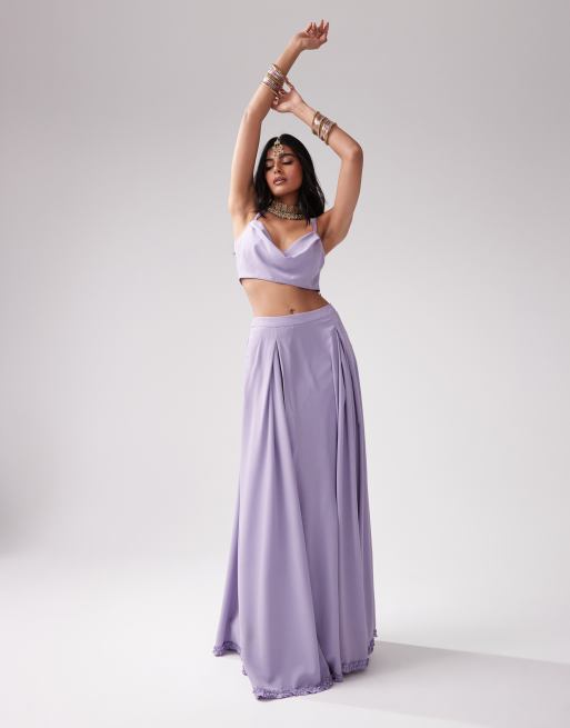 Kanya London - Jupe lehenga d'ensemble longue et évasée pour demoiselle d'honneur en mousseline - Gris lilas
