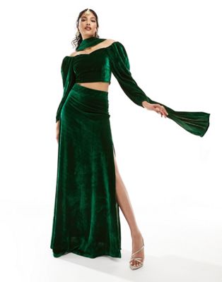 Kanya London velvet lehenga skirt with split in emerald green - ASOS Price Checker