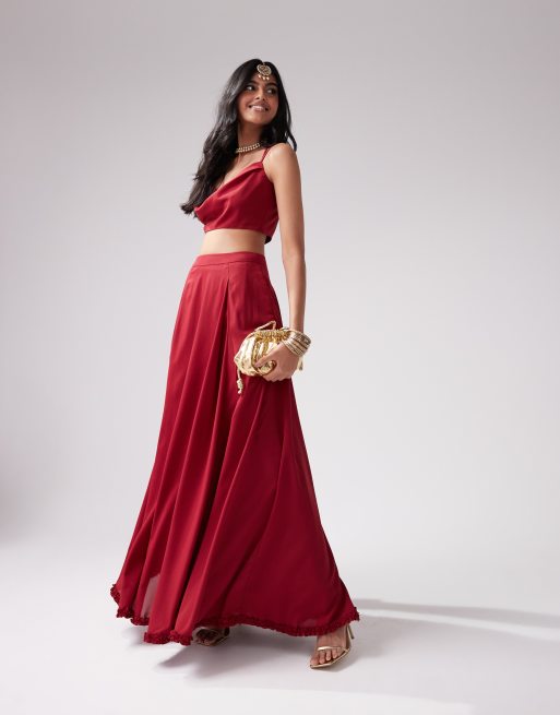 Kanya London Lehenga chiffon full flare skirt co ord in deep red ASOS