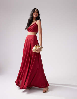 Lehenga chiffon full flare skirt in deep red - part of a set