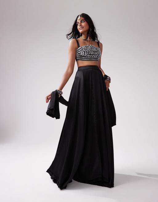 Kanya London Lehenga full flare frill skirt dupatta in black part of a set ASOS