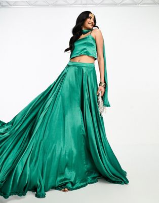 Lehenga full flare frill skirt & scarf in emerald green