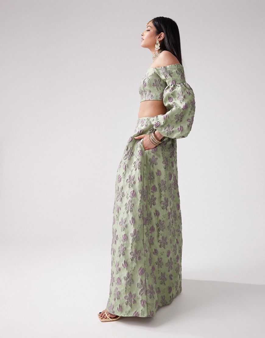 Kanya London Lehenga skirt with pockets co-ord in green jacquard