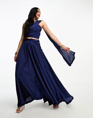Kanya London Bridesmaid Lehenga full flare frill skirt & scarf in navy - ASOS Price Checker