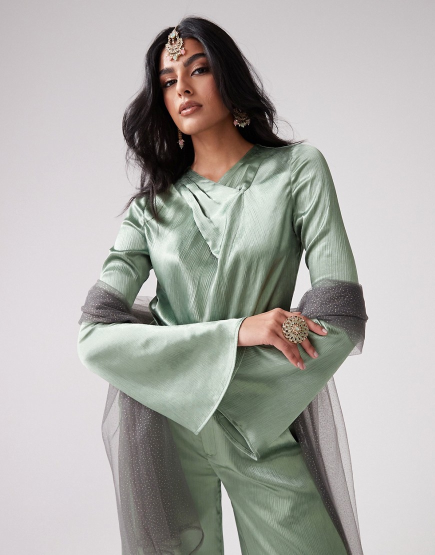 Kanya London long sleeve top co-ord with sparkle Dupatta scarf in green