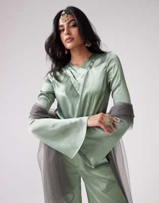 Kanya London Long Sleeve Top With Sparkle Dupatta Scarf In Green - Part Of A Set