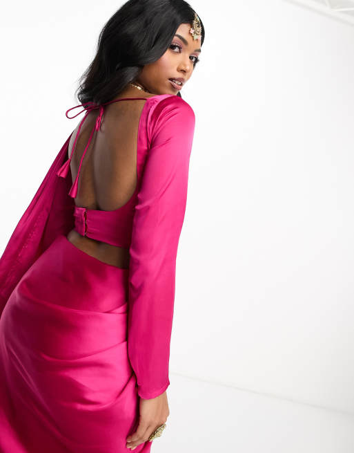 Kanya London – Magentarosa, långärmad crop top i satin med knytning baktill