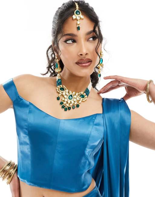 Kanya London off shoulder corset satin top in jewel blue (part of a set)