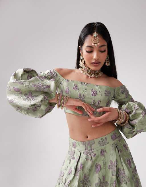 Kanya London off shoulder crop top co-ord in green jacquard