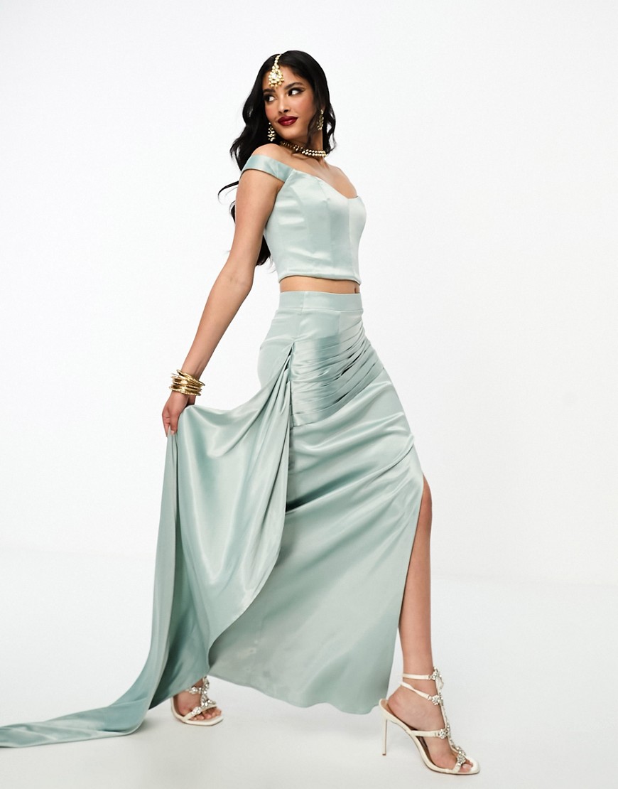 Kanya London Saree drape skirt co-ord in soft olive-Green