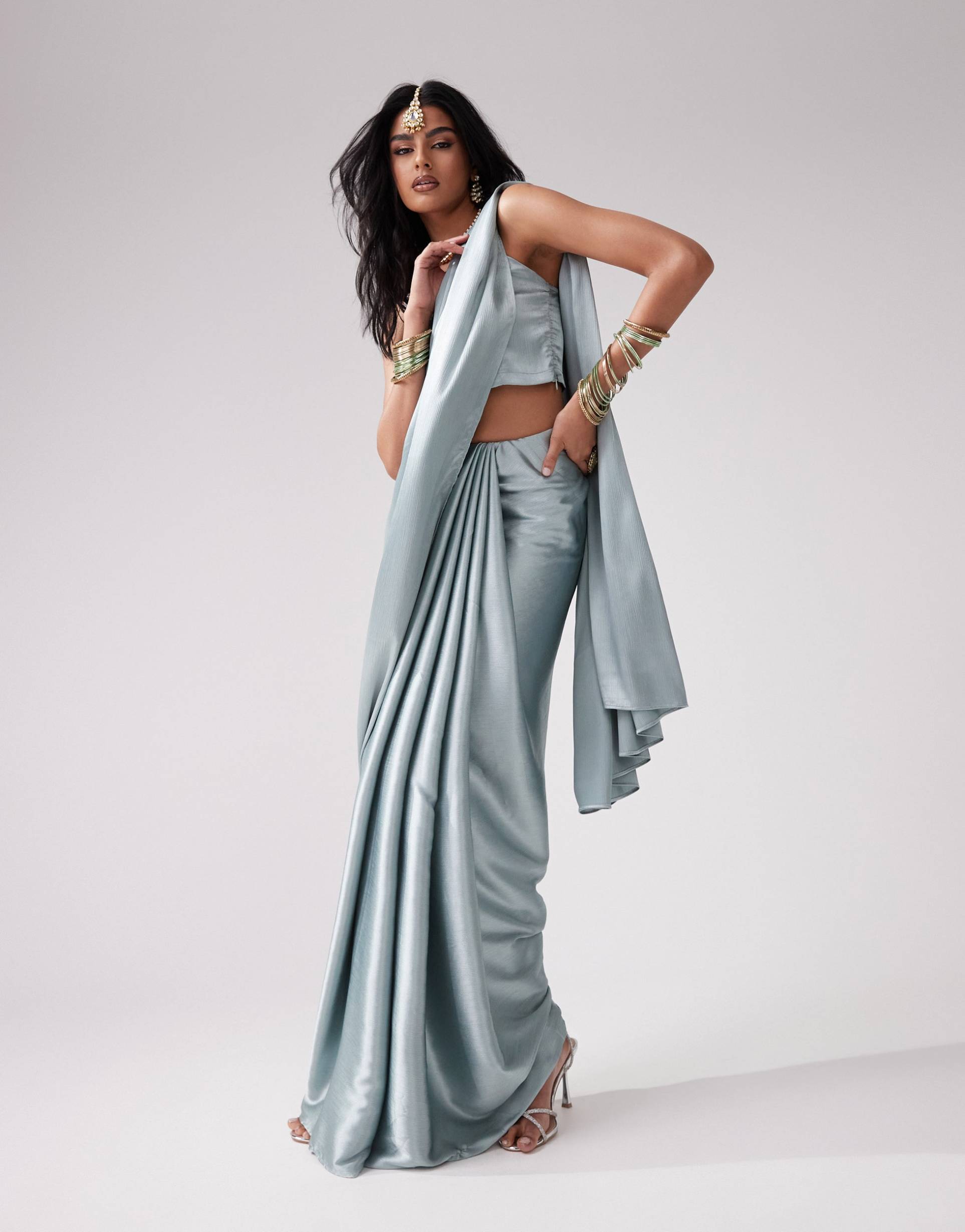 kanya london saree set in misty blue - part of a set