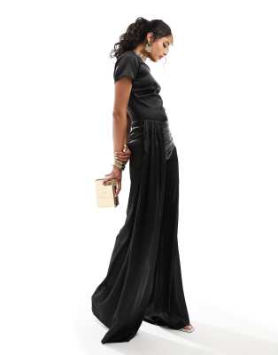 textured satin drape pants in black - part of a set