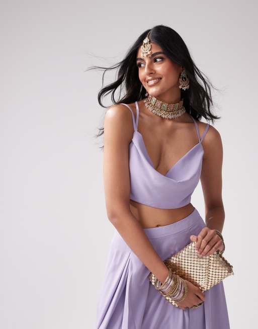 Kanya London - Top in chiffon da damigella con scollo ad anello e spalline sottili in chiffon grigio lilla in coordinato