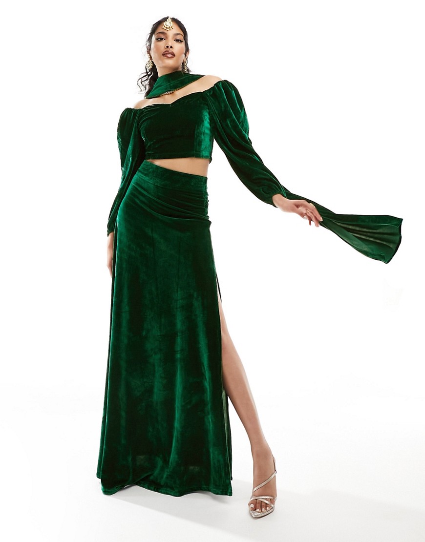 velvet lehenga skirt with split in emerald green