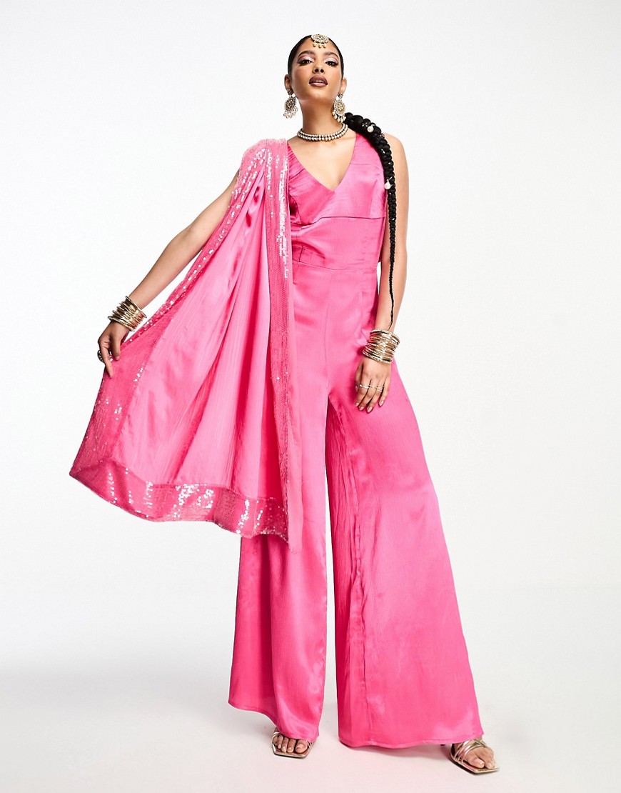 Kanya London wide leg jumpsuit and dupatta scarf in magenta-Pink