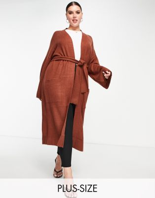 Джемперы и кардиганы  Asos Кардиган макси шоколадно-коричневого цвета с завязкой на талии Threadbare Plus Emerald-Коричневый цвет