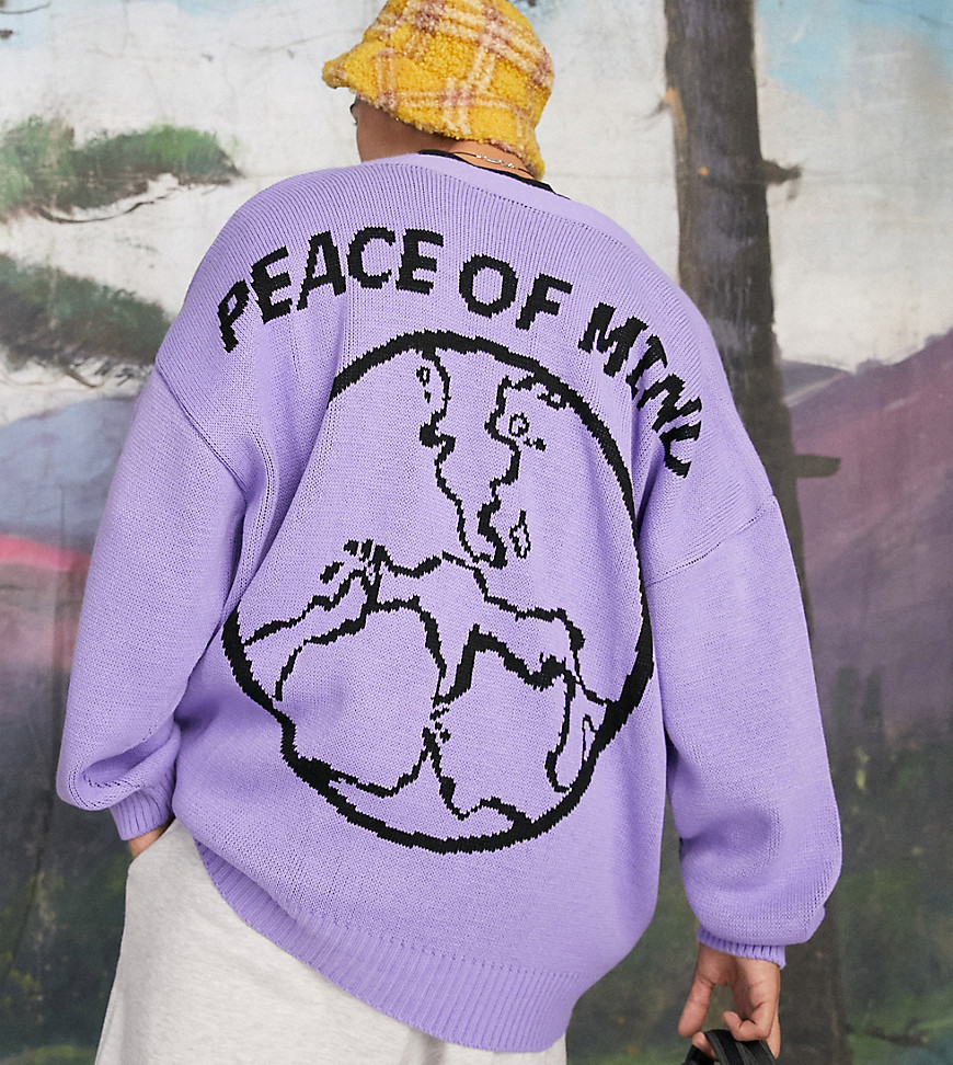 фото Кардиган с жаккардовым узором и надписью "peace" на спине collusion-фиолетовый цвет