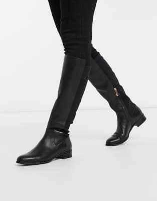 black leather flat knee high boots