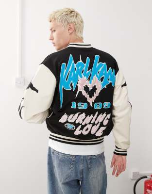 Karl Kani Karl Kani Amor flames graphic logo varsity jacket with back print in multi-Black
