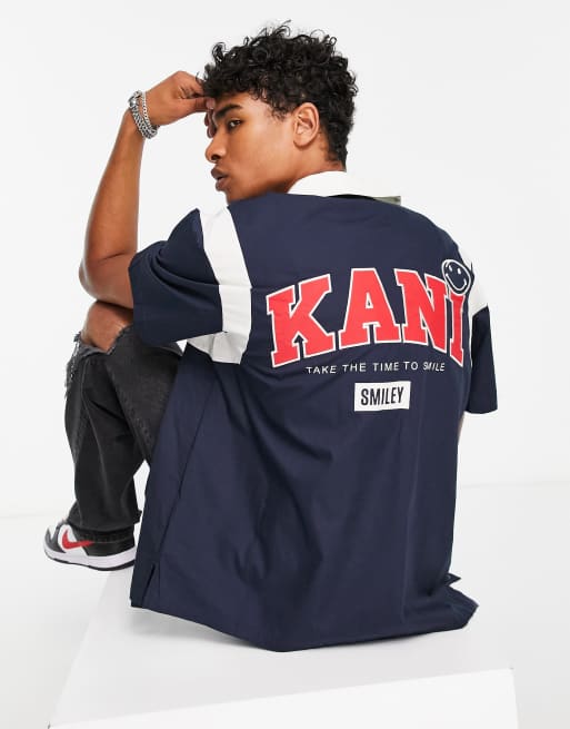 Karl Kani - Bowling overhemd met retro patch in marineblauw