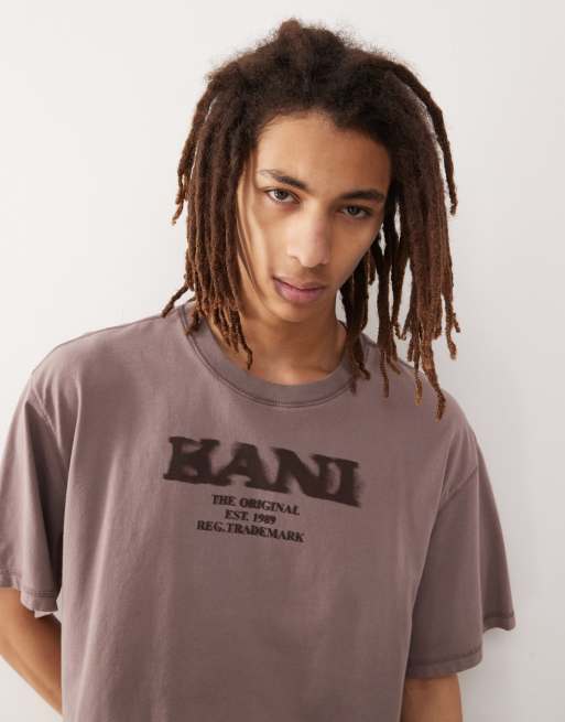  Karl Kani – Brązowoszary T-shirt z logo w stylu retro