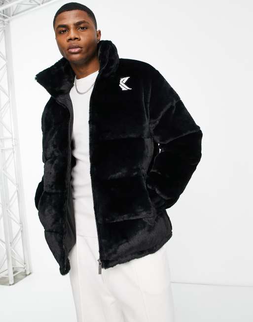 Karl Kani faux fur puffer jacket in black | ASOS