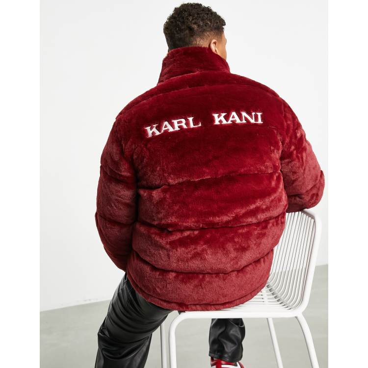 Karl Kani faux fur puffer jacket in burgundy | ASOS
