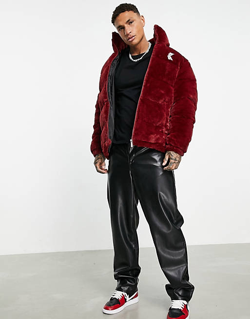 Karl Kani faux fur puffer jacket in burgundy
