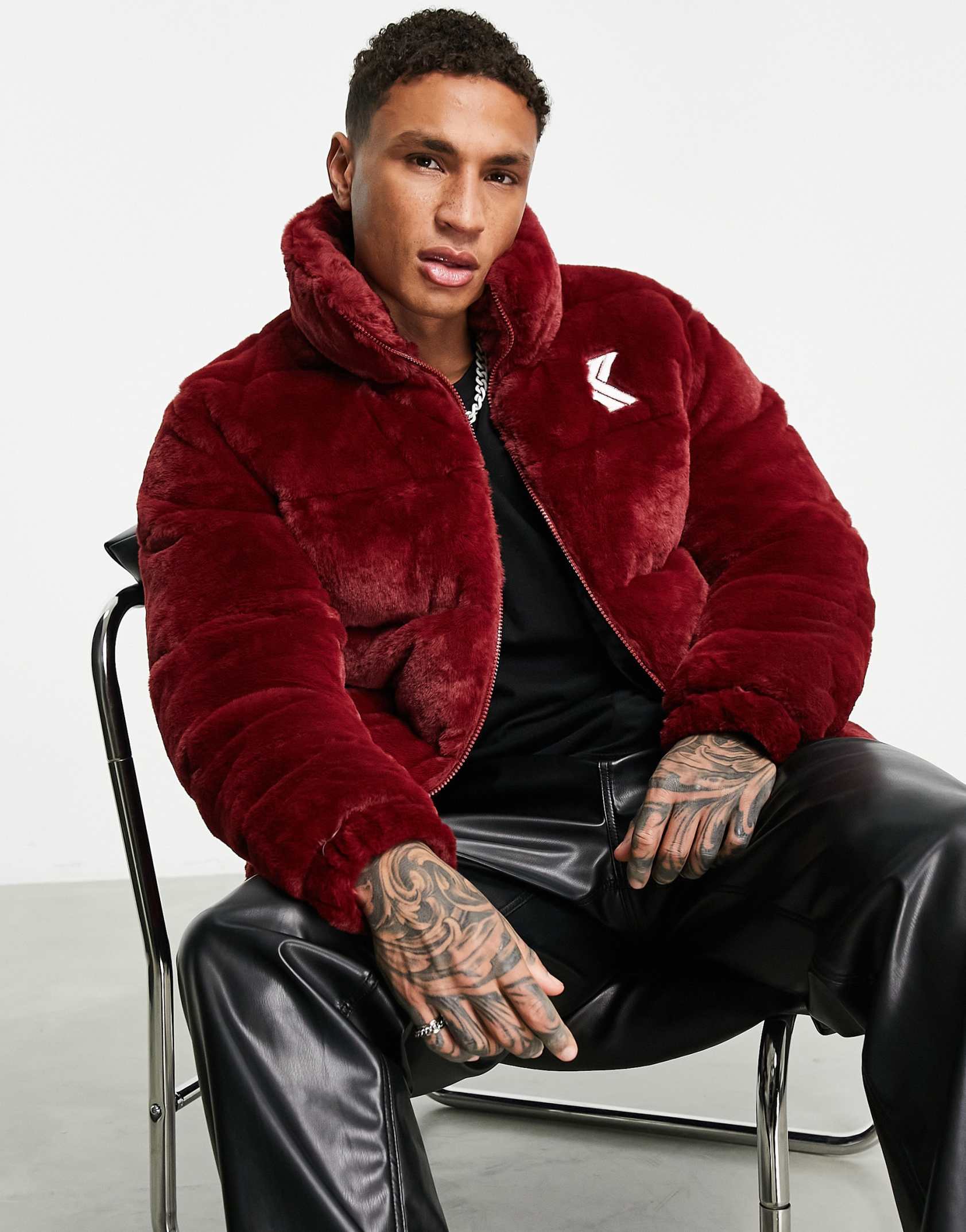 Karl Kani faux fur puffer jacket in burgundy ASOS Price Checker