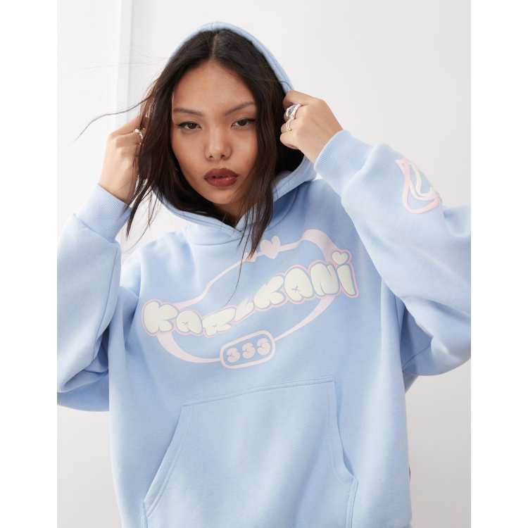 Karl Kani Felpa azzurra con cappuccio, logo e grafica con cuori